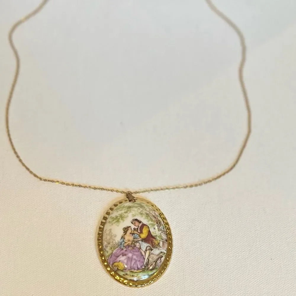 Vintage Fragonard Courting Couple Porcelain Necklace- Hand-Painted Scene